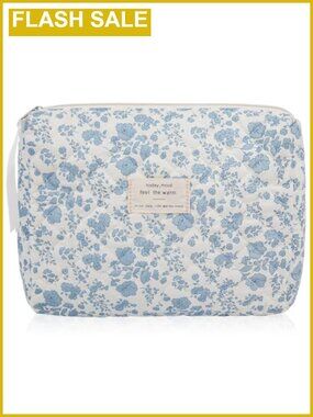 Quilted Cotton Floral Cosmetic Bag Double Zip Travel Makeup Pouch